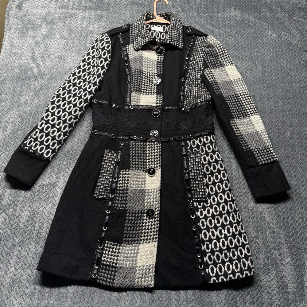 Linea‎ Domani Coat Women 6 Patchwork Wool Blend Black Gray Check Mixed Pattern